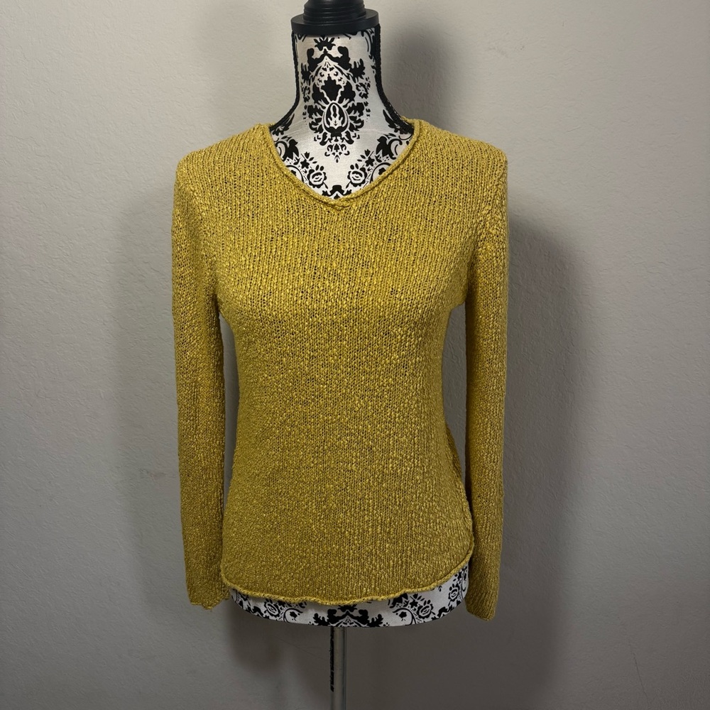 Eileen Fisher Crocheted Sweater Size Small Gold V Neck Italian Yarn